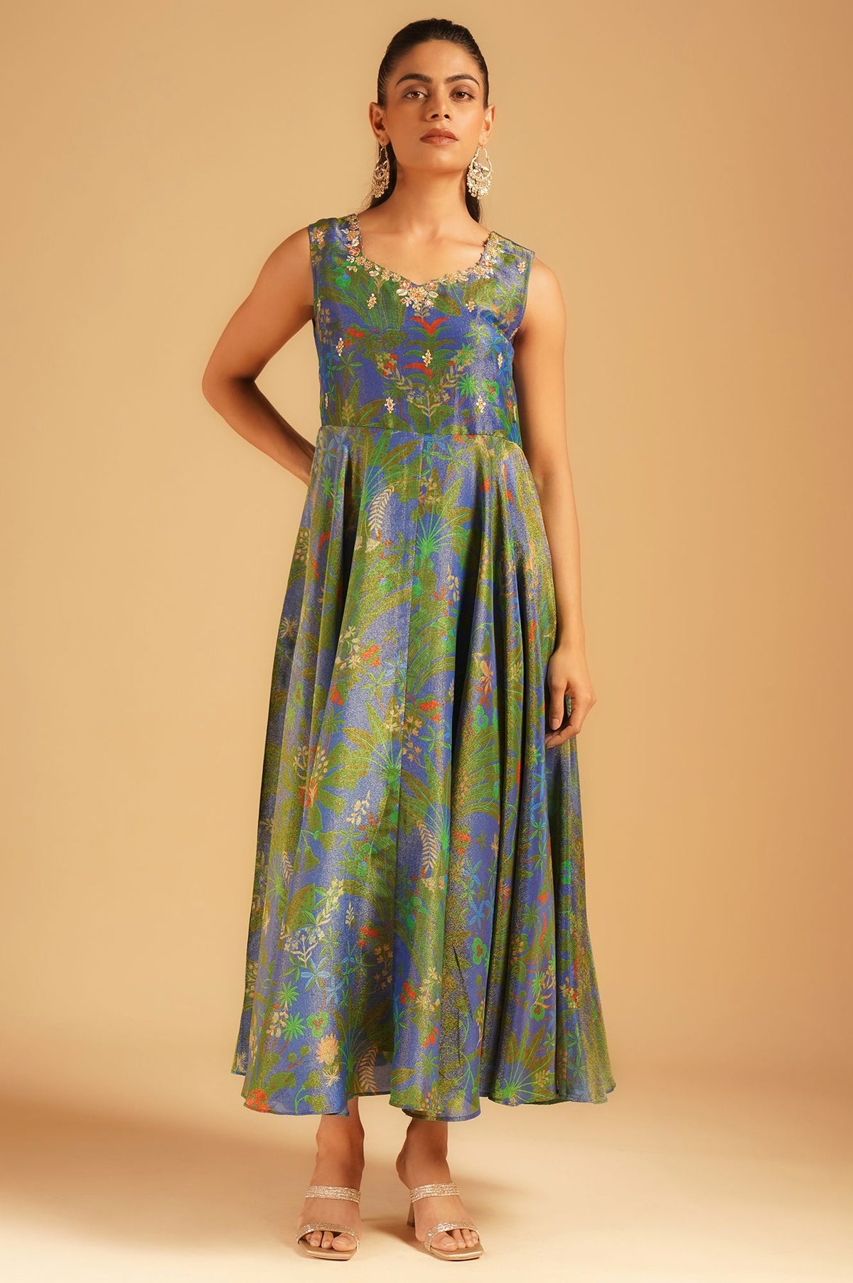 Blue Sequins Floral Printed Tissue Crepe Sleeveless Flared Anarkali with Dupatta Set