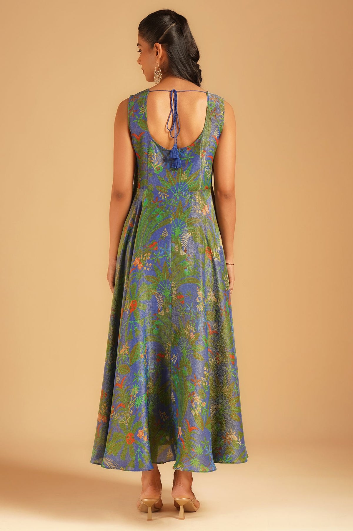 Blue Sequins Floral Printed Tissue Crepe Sleeveless Flared Anarkali with Dupatta Set
