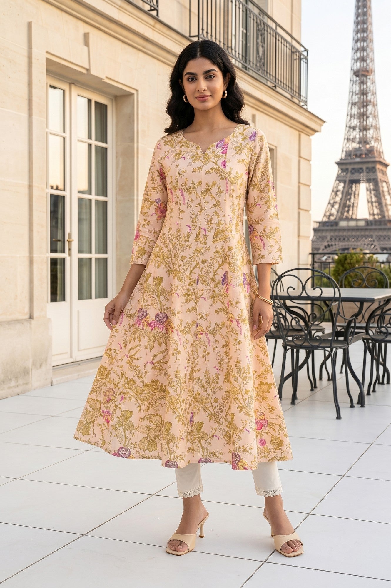 Beige Floral Printed Pure Cotton A-Line Kurta With Straight Pants and Dupatta Set