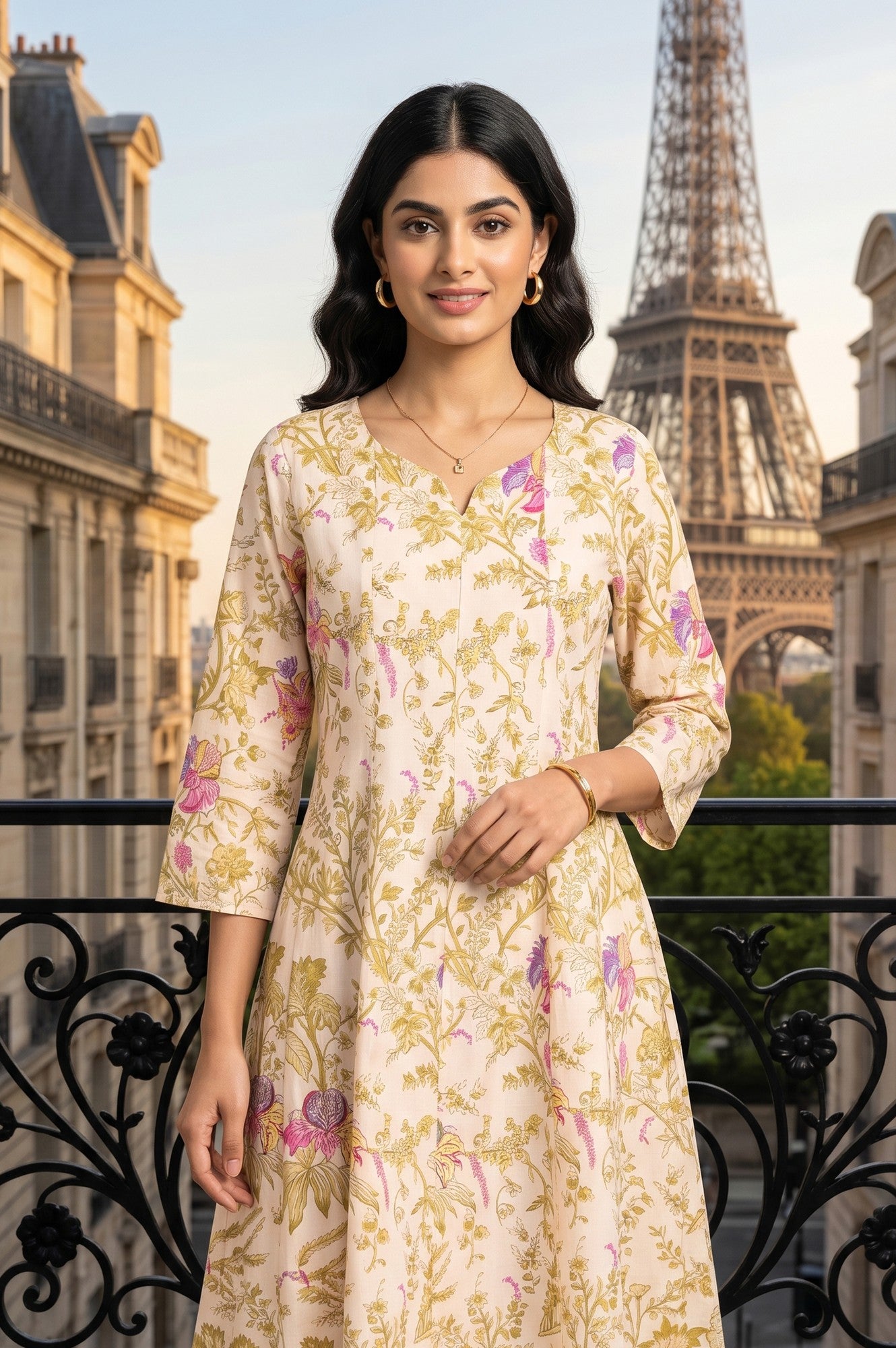 Beige Floral Printed Pure Cotton A-Line Kurta With Straight Pants and Dupatta Set