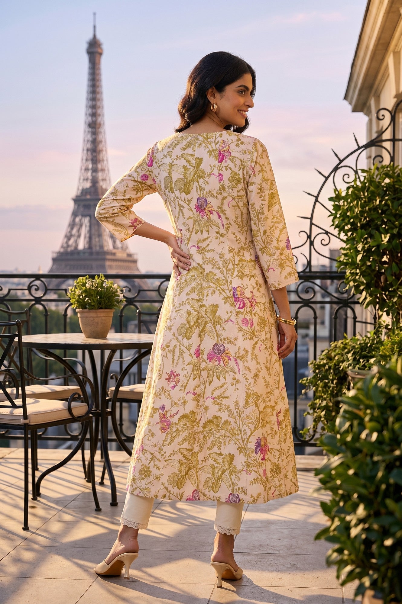 Beige Floral Printed Pure Cotton A-Line Kurta With Straight Pants and Dupatta Set