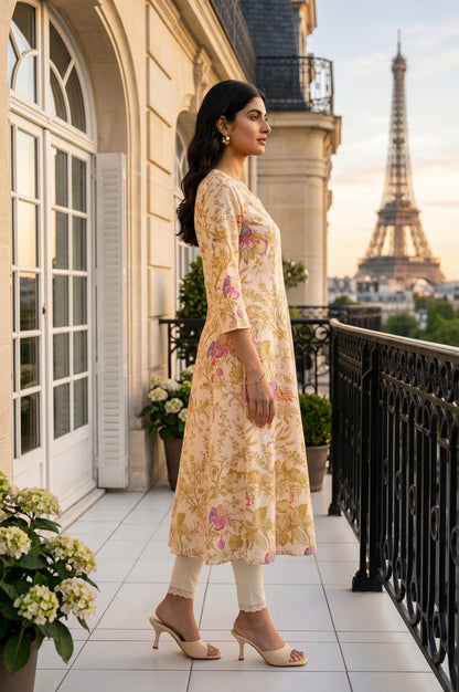 Beige Floral Printed Pure Cotton A-Line Kurta With Straight Pants and Dupatta Set