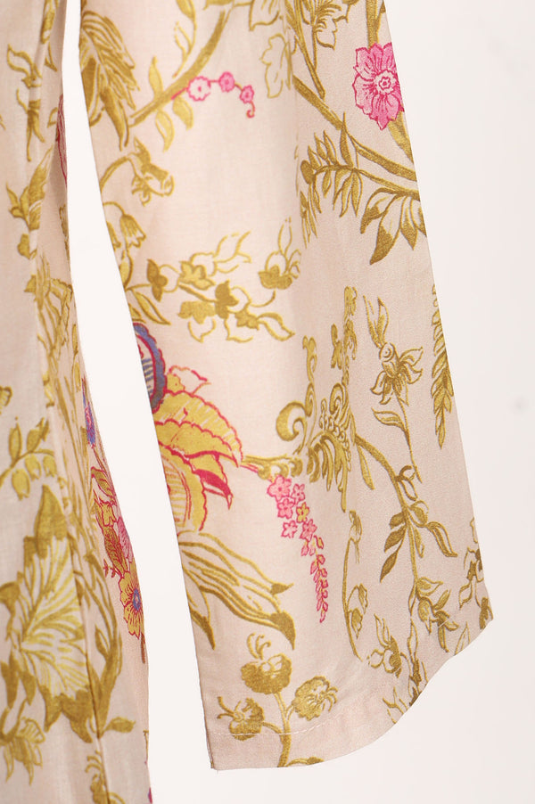 Beige Floral Printed Pure Cotton A-Line Kurta With Straight Pants and Dupatta Set