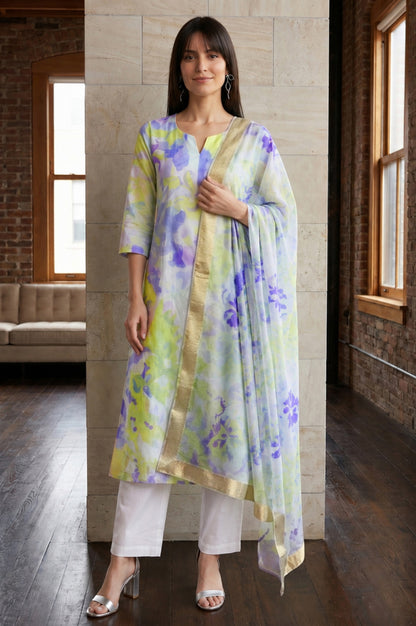 Off White Floral Printed Pure Cotton Straight Kurta With Pants and Dupatta Set