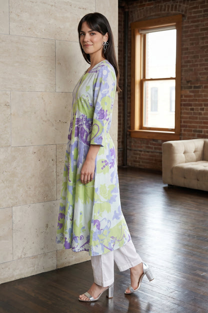 Off White Floral Printed Pure Cotton Straight Kurta With Pants and Dupatta Set