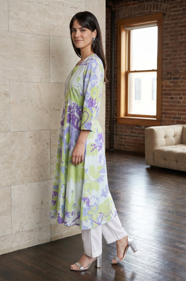 Off White Floral Printed Pure Cotton Straight Kurta With Pants and Dupatta Set