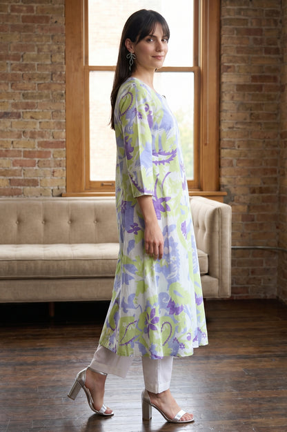 Off White Floral Printed Pure Cotton Straight Kurta With Pants and Dupatta Set