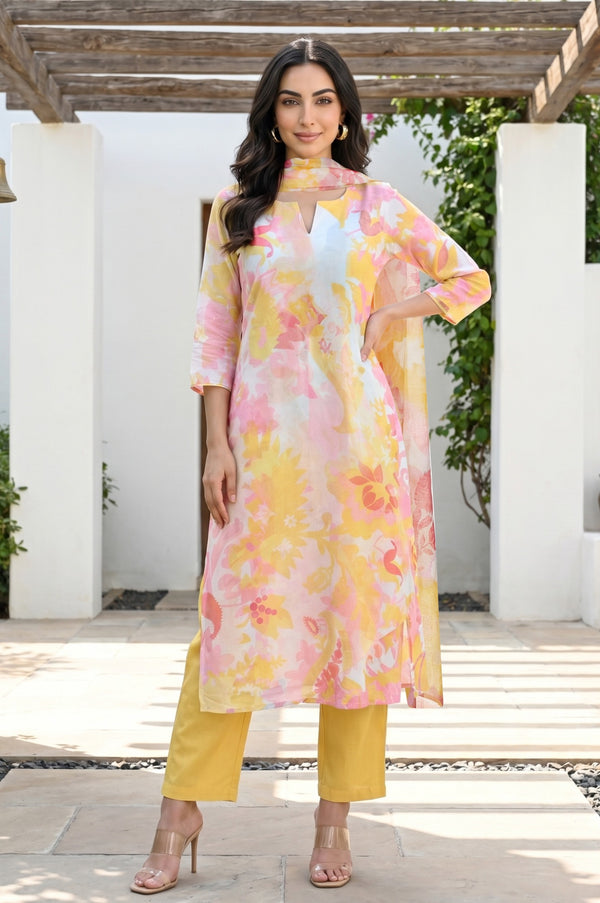 Off White Floral Printed Pure Cotton Flared Kurta With Pants and Dupatta Set