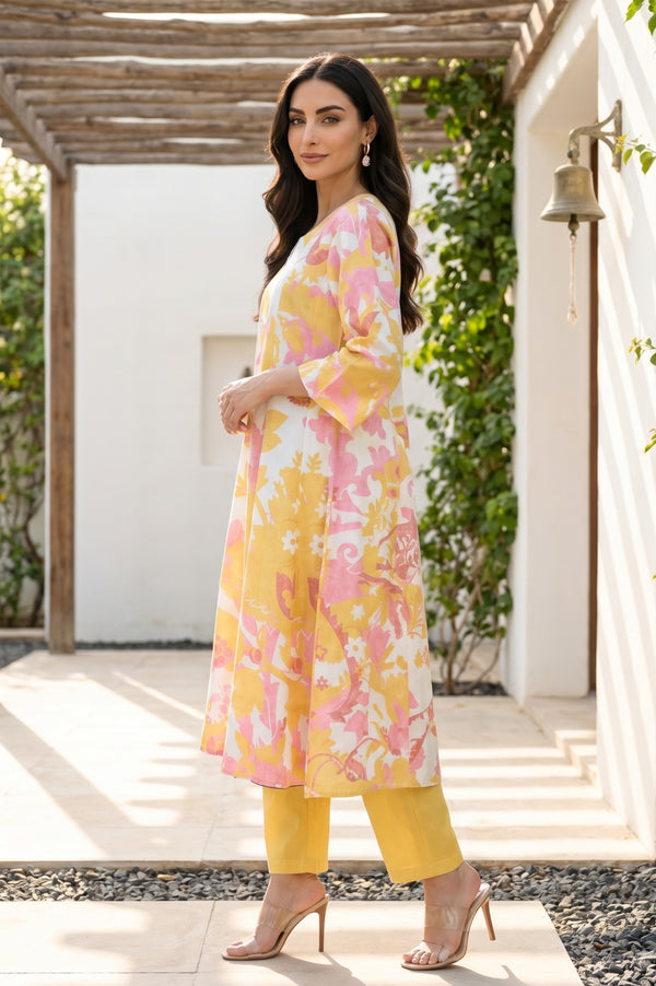 Off White Floral Printed Pure Cotton Flared Kurta With Pants and Dupatta Set