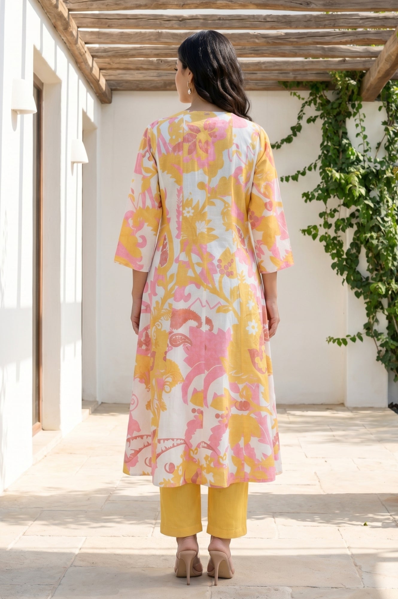 Off White Floral Printed Pure Cotton Flared Kurta With Pants and Dupatta Set