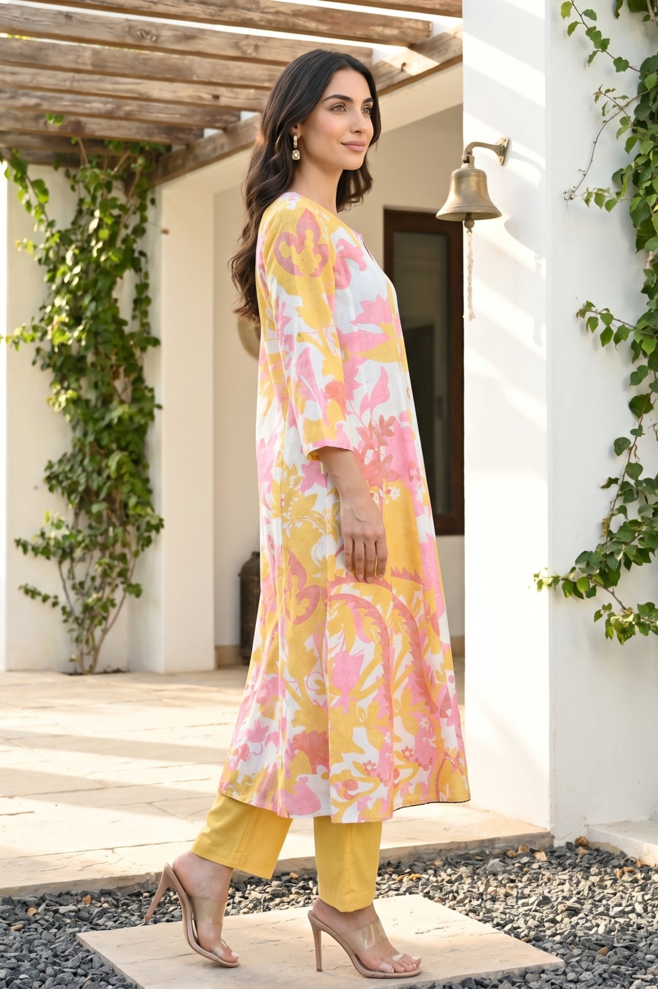 Off White Floral Printed Pure Cotton Flared Kurta With Pants and Dupatta Set