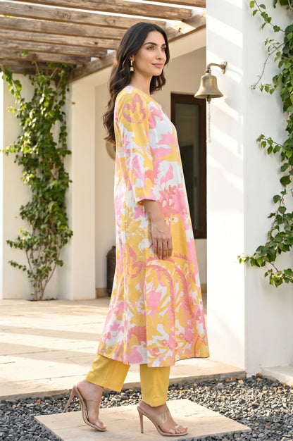 Off White Floral Printed Pure Cotton Flared Kurta With Pants and Dupatta Set