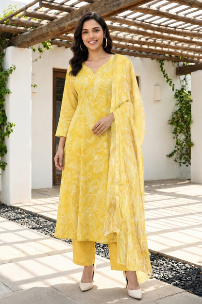 Yellow Floral Printed Pure Cotton Flared Kurta With Pants and Dupatta Set