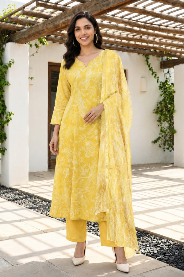Yellow Floral Printed Pure Cotton Flared Kurta With Pants and Dupatta Set