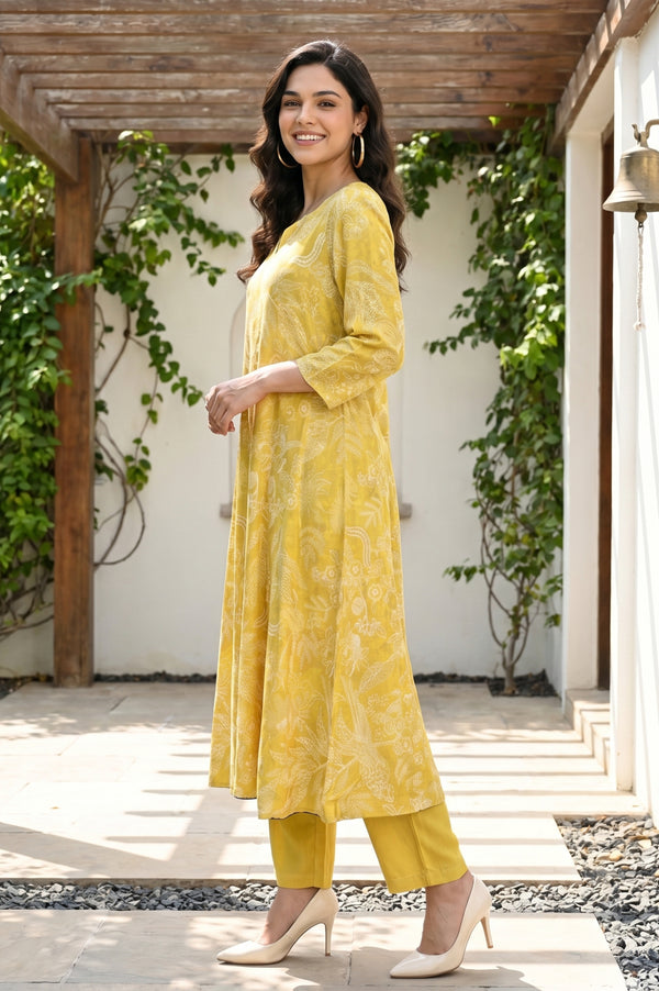 Yellow Floral Printed Pure Cotton Flared Kurta With Pants and Dupatta Set