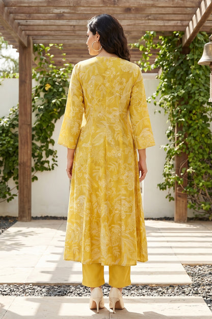 Yellow Floral Printed Pure Cotton Flared Kurta With Pants and Dupatta Set