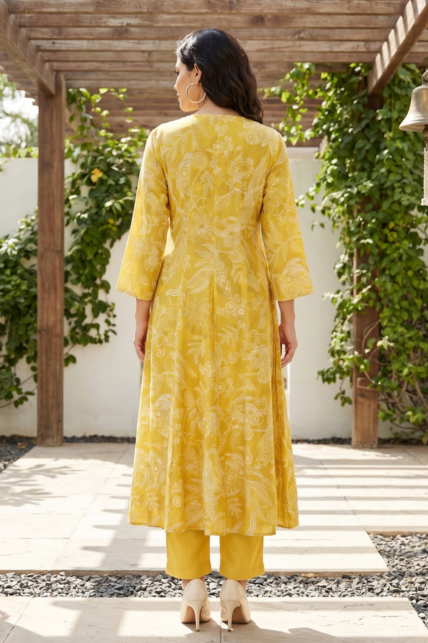 Yellow Floral Printed Pure Cotton Flared Kurta With Pants and Dupatta Set