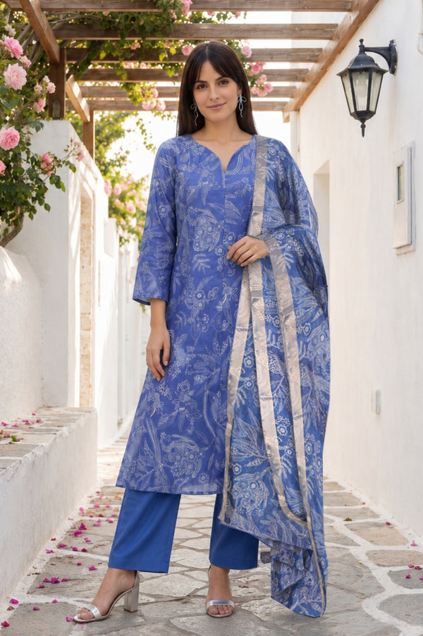 Blue Floral Printed Pure Cotton Straight Kurta With Pants and Dupatta Set