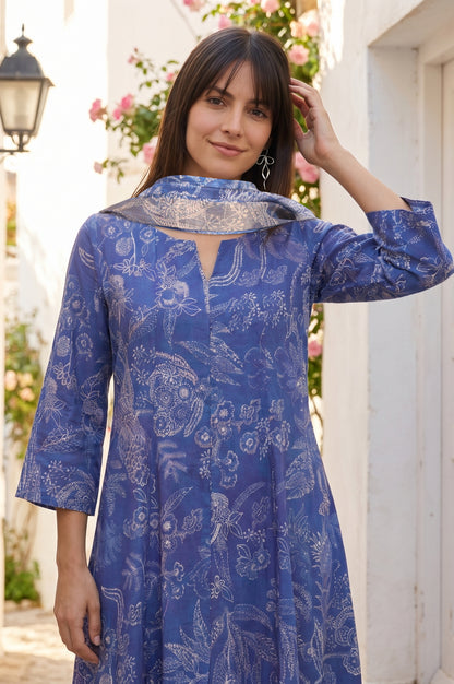 Blue Floral Printed Pure Cotton Straight Kurta With Pants and Dupatta Set