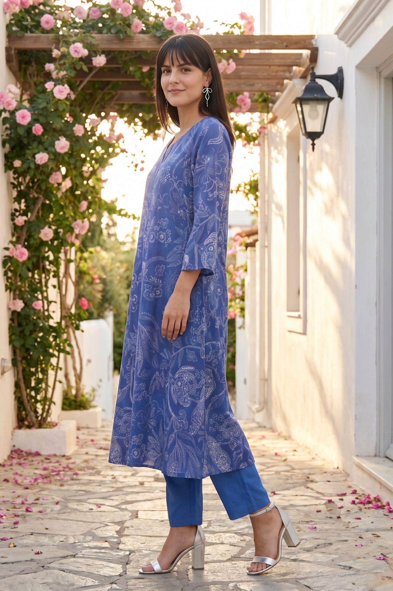 Blue Floral Printed Pure Cotton Straight Kurta With Pants and Dupatta Set