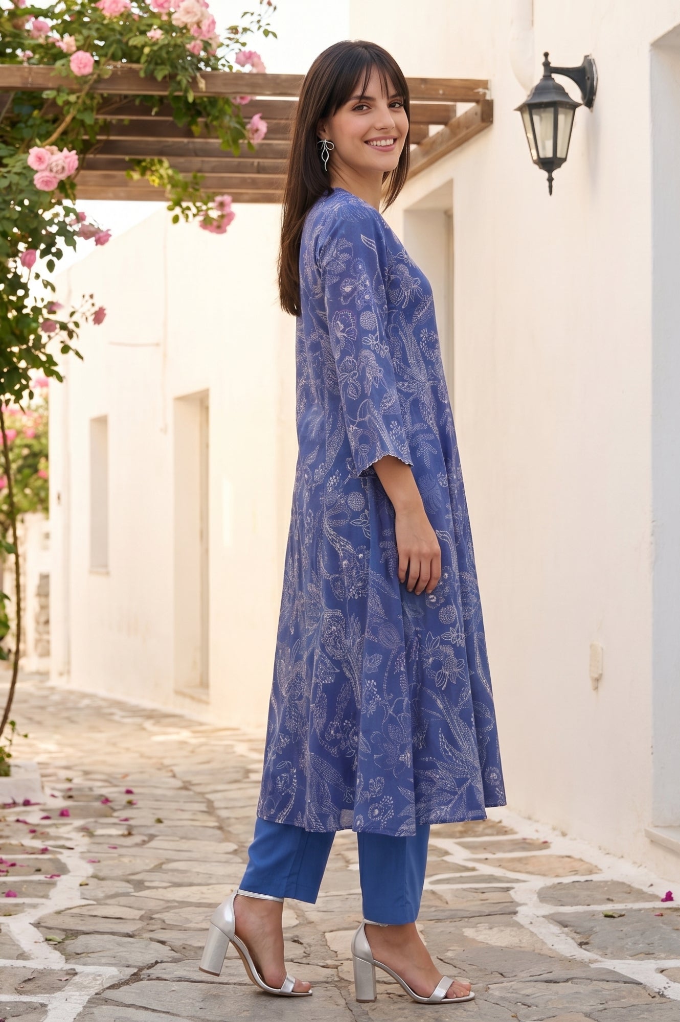 Blue Floral Printed Pure Cotton Straight Kurta With Pants and Dupatta Set