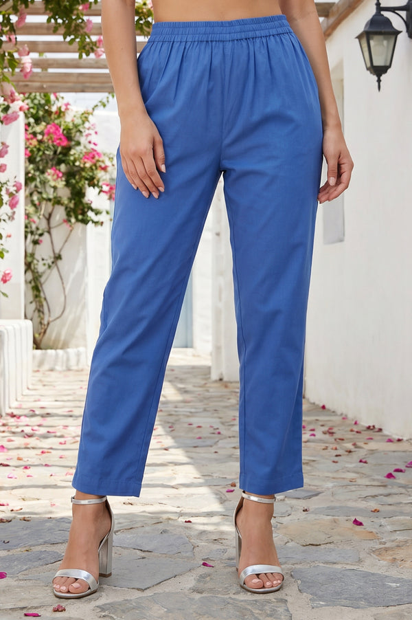 Blue Floral Printed Pure Cotton Straight Kurta With Pants and Dupatta Set