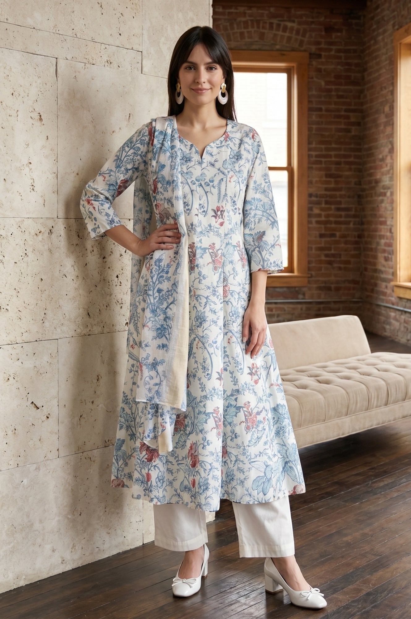 Off White Floral Printed Pure Cotton Straight Kurta With Pants and Dupatta Set