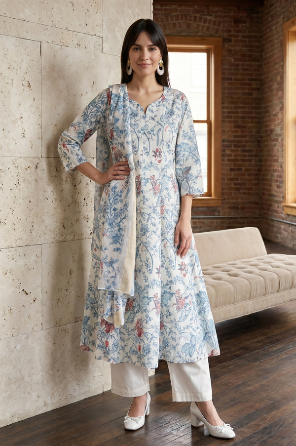 Off White Floral Printed Pure Cotton Straight Kurta With Pants and Dupatta Set