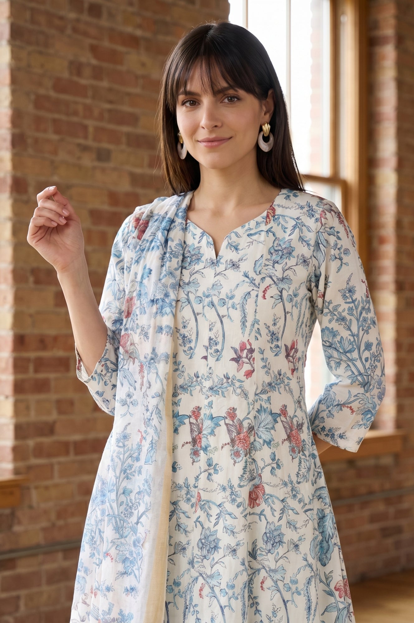 Off White Floral Printed Pure Cotton Straight Kurta With Pants and Dupatta Set