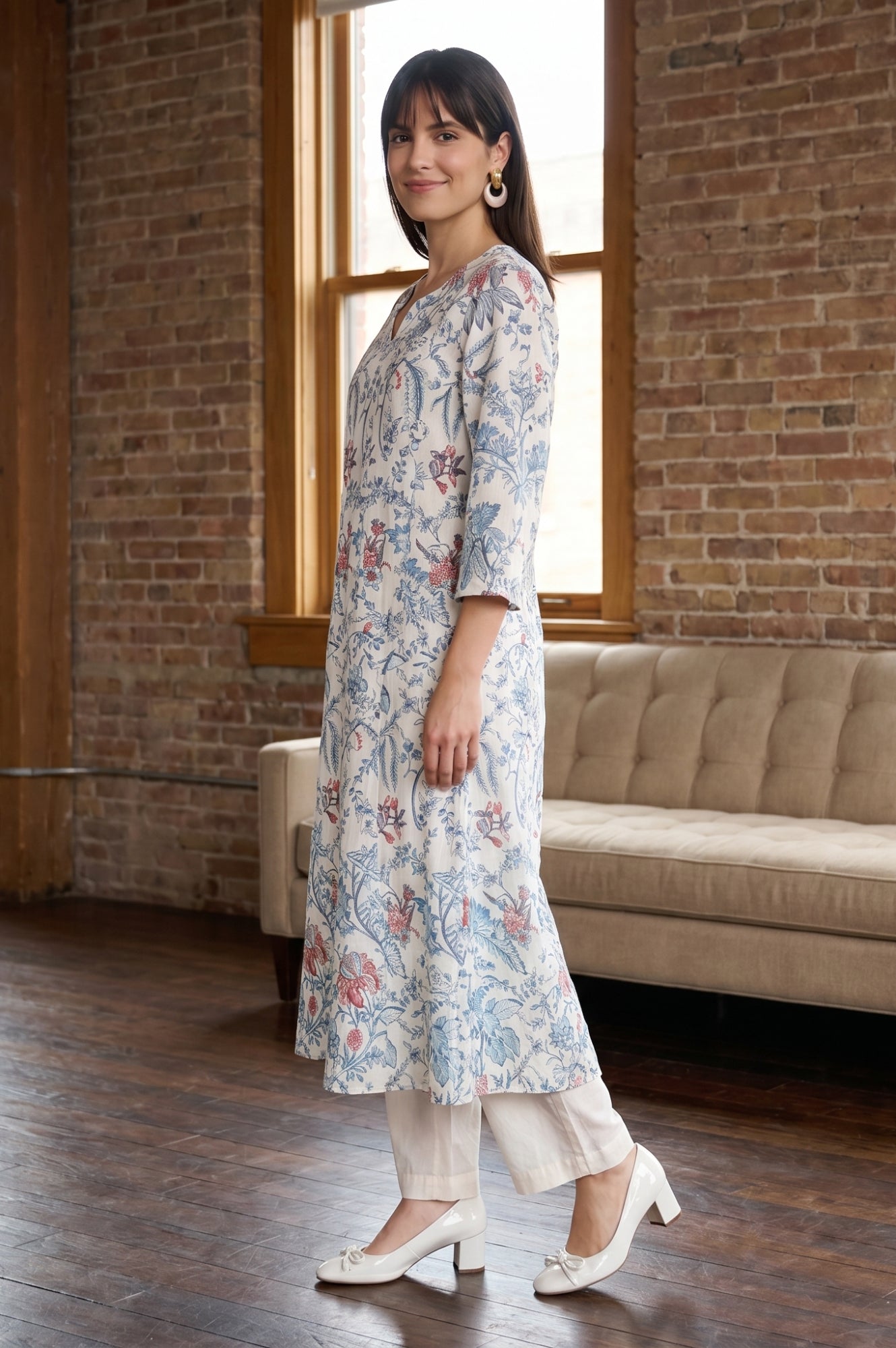 Off White Floral Printed Pure Cotton Straight Kurta With Pants and Dupatta Set