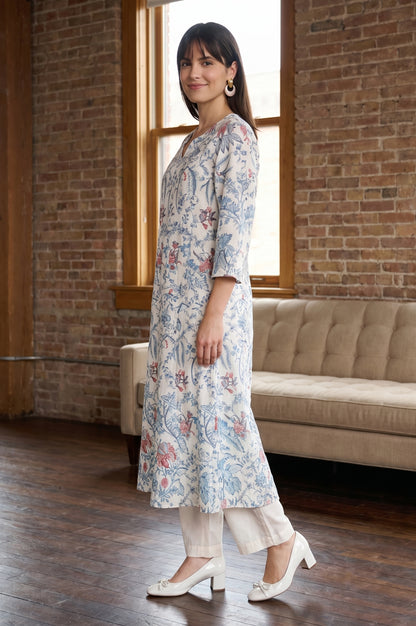 Off White Floral Printed Pure Cotton Straight Kurta With Pants and Dupatta Set