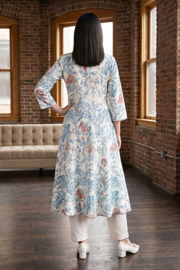 Off White Floral Printed Pure Cotton Straight Kurta With Pants and Dupatta Set