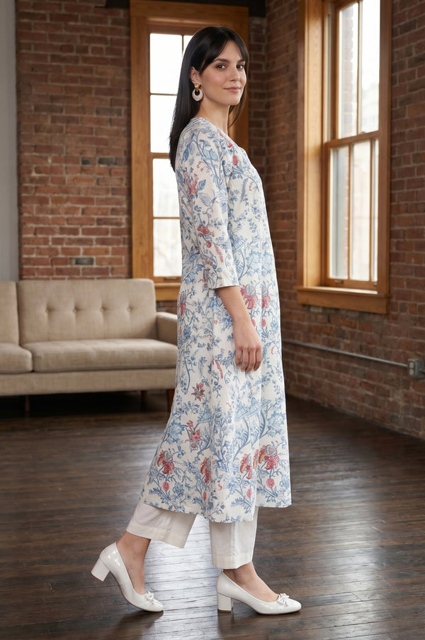 Off White Floral Printed Pure Cotton Straight Kurta With Pants and Dupatta Set