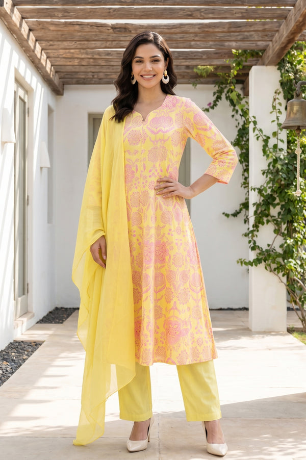 Yellow Floral Printed Pure Cotton Flared Kurta With Pants and Dupatta Set
