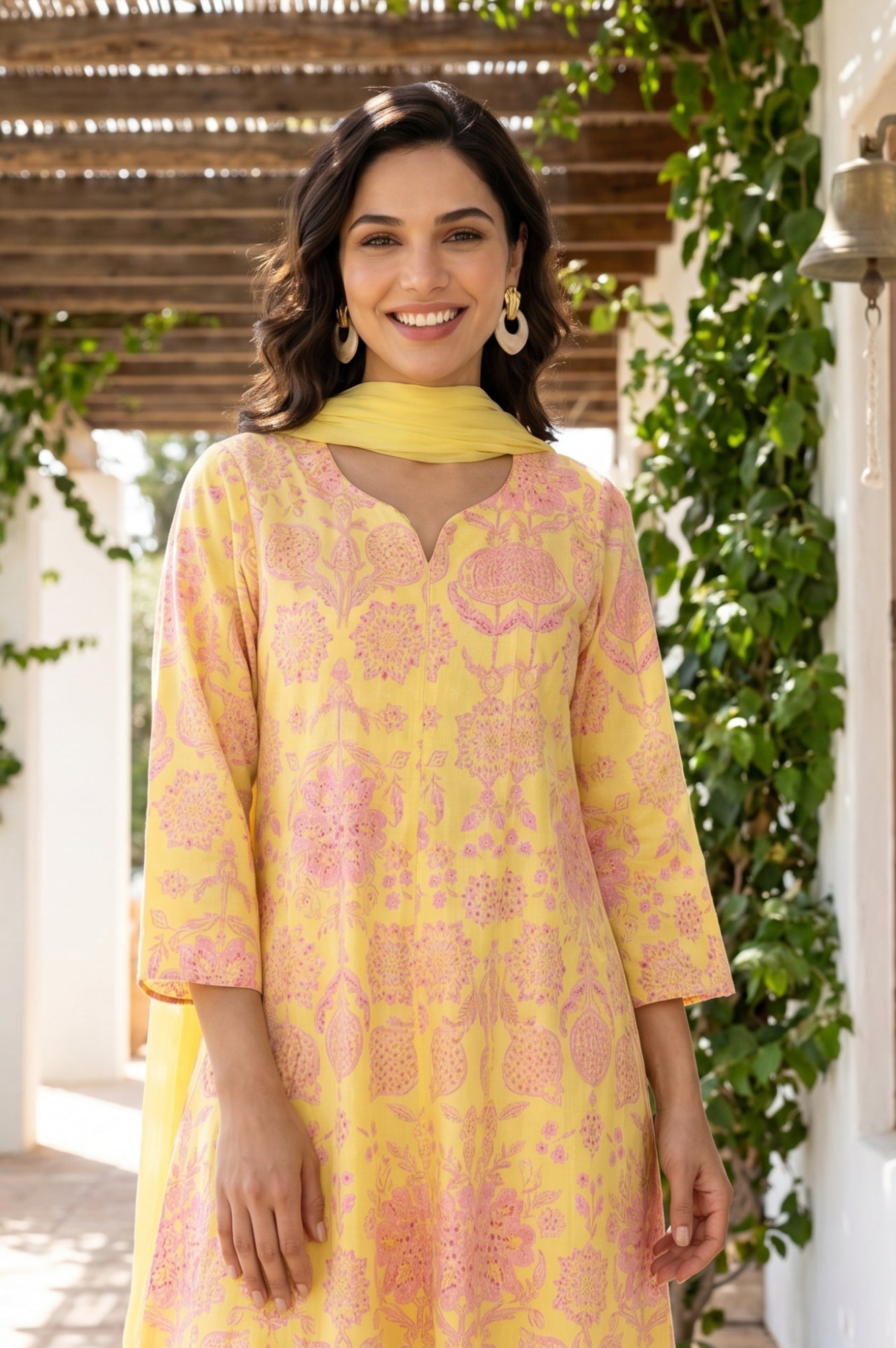Yellow Floral Printed Pure Cotton Flared Kurta With Pants and Dupatta Set