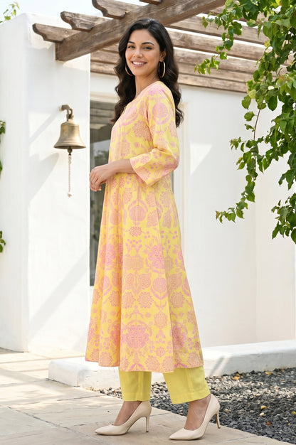 Yellow Floral Printed Pure Cotton Flared Kurta With Pants and Dupatta Set