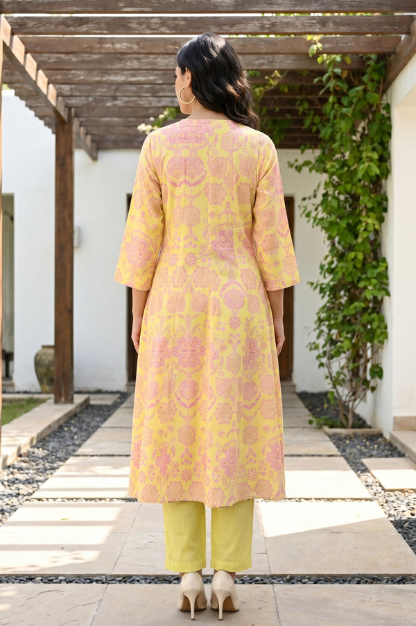 Yellow Floral Printed Pure Cotton Flared Kurta With Pants and Dupatta Set