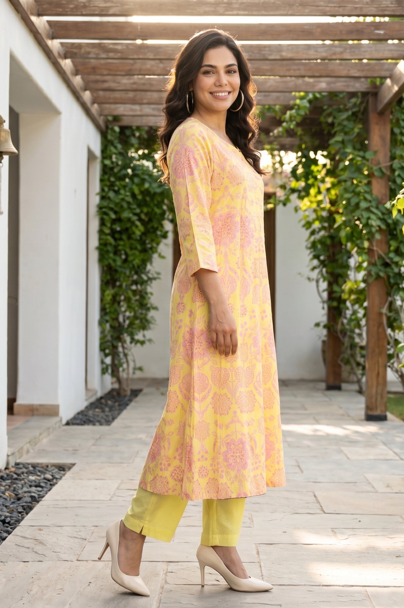 Yellow Floral Printed Pure Cotton Flared Kurta With Pants and Dupatta Set
