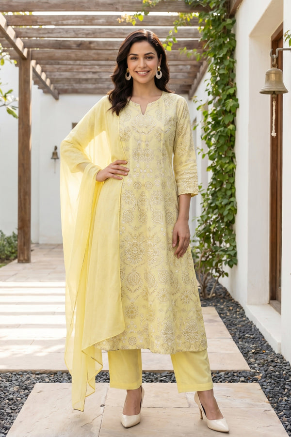 Light Yellow Floral Printed Pure Cotton Straight Kurta With Pants and Dupatta Set