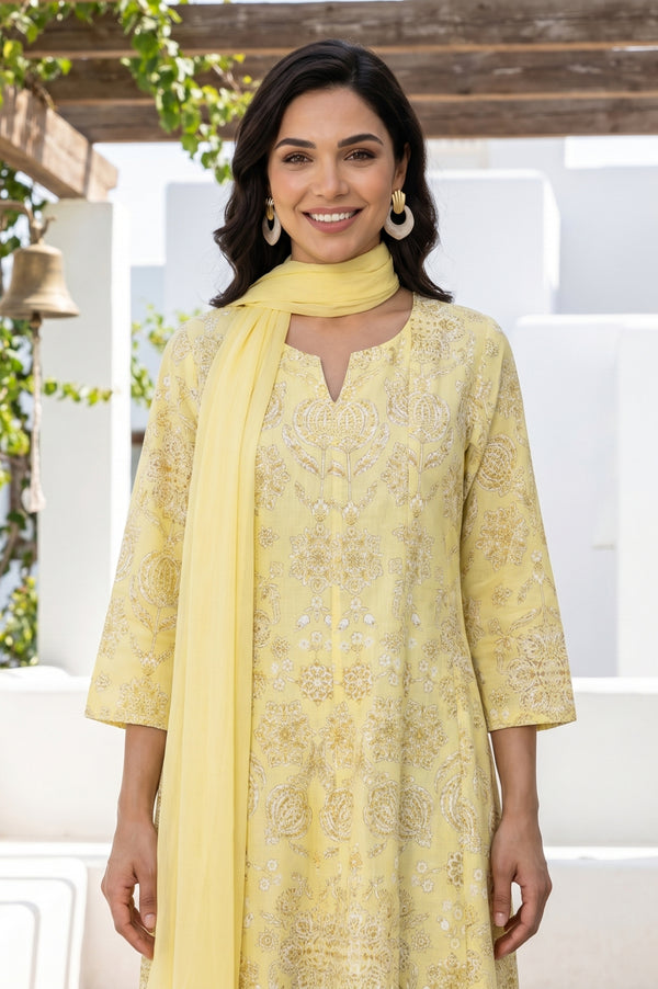 Light Yellow Floral Printed Pure Cotton Straight Kurta With Pants and Dupatta Set