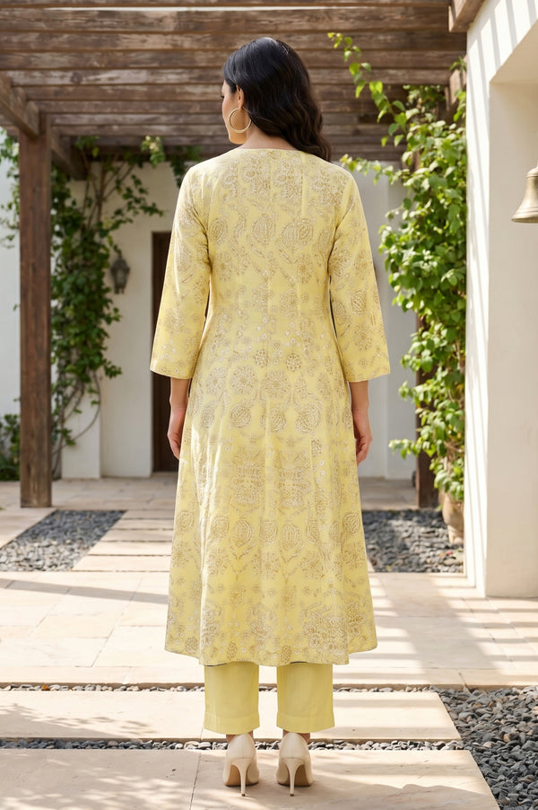 Light Yellow Floral Printed Pure Cotton Straight Kurta With Pants and Dupatta Set