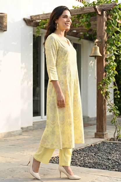 Light Yellow Floral Printed Pure Cotton Straight Kurta With Pants and Dupatta Set