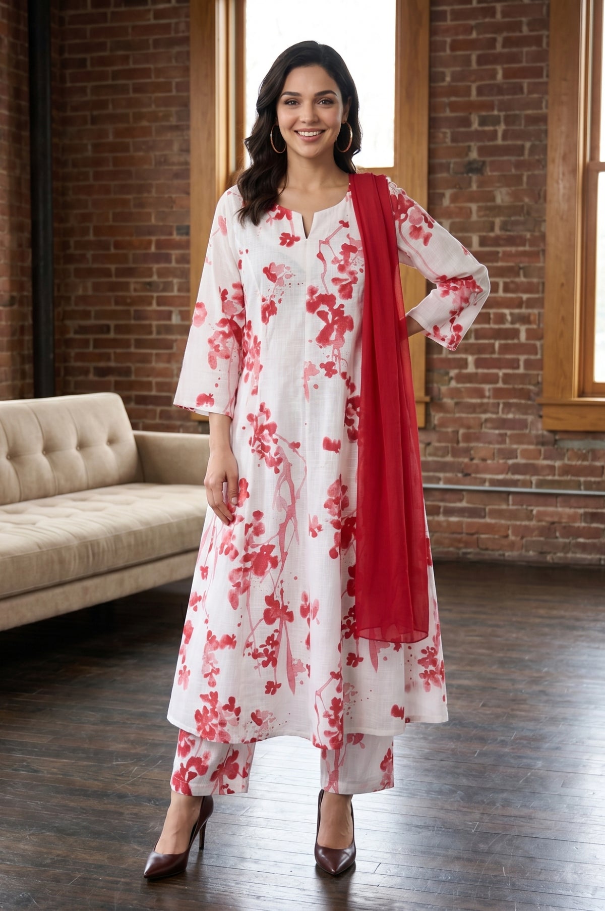 White Floral Printed Pure Cotton Straight Kurta With Pants and Dupatta Set - XS