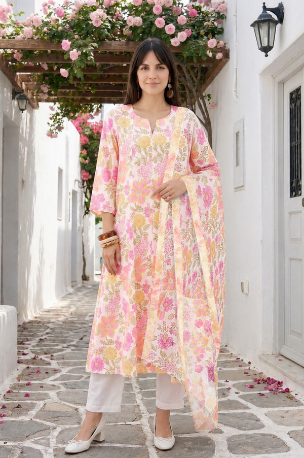 Off White Floral Printed Pure Cotton Straight Kurta with Straight Pants and Dupatta Set