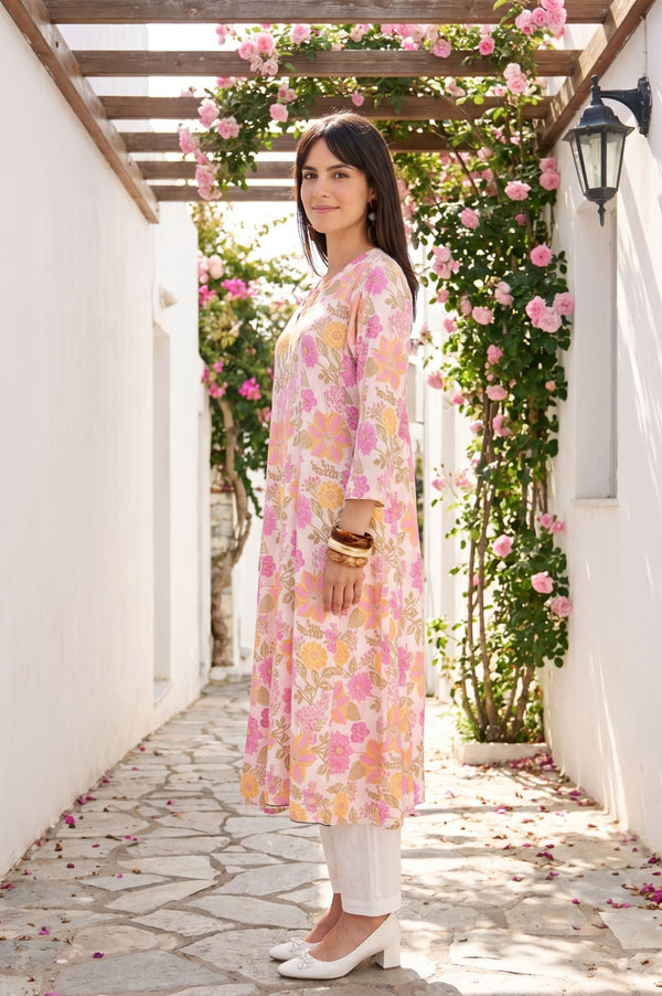 Off White Floral Printed Pure Cotton Straight Kurta with Straight Pants and Dupatta Set