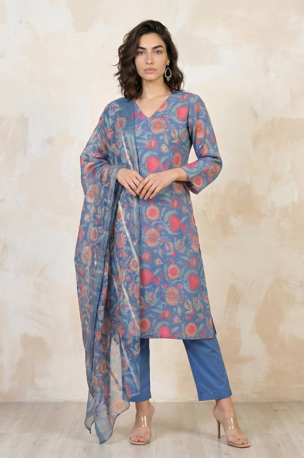 Blue Floral Printed Rayon Straight Kurta With Pants and Dupatta Set