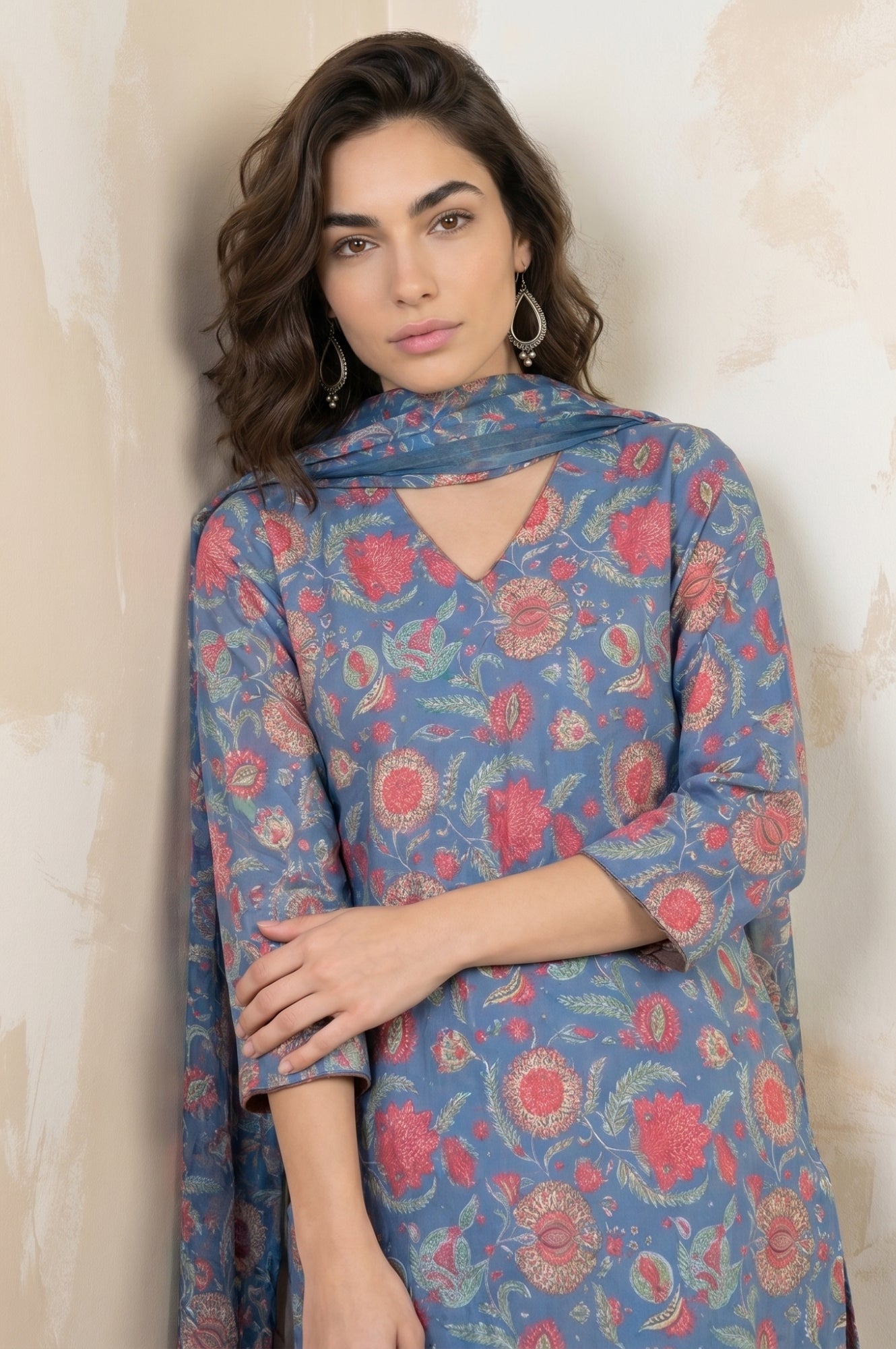 Blue Floral Printed Rayon Straight Kurta With Pants and Dupatta Set