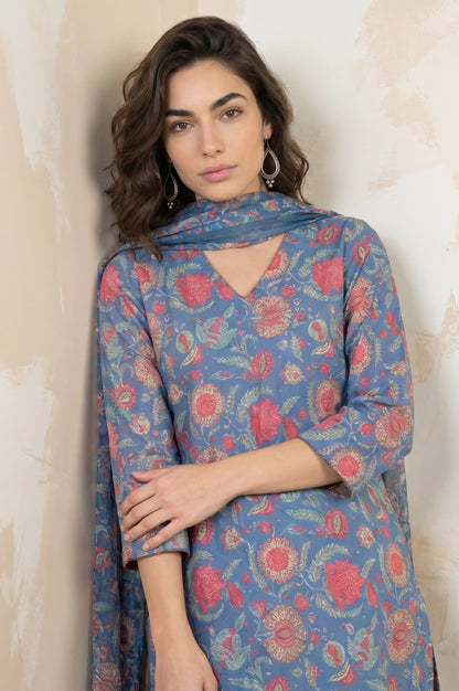 Blue Floral Printed Rayon Straight Kurta With Pants and Dupatta Set