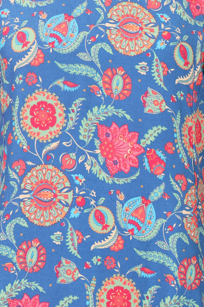 Blue Floral Printed Rayon Straight Kurta With Pants and Dupatta Set