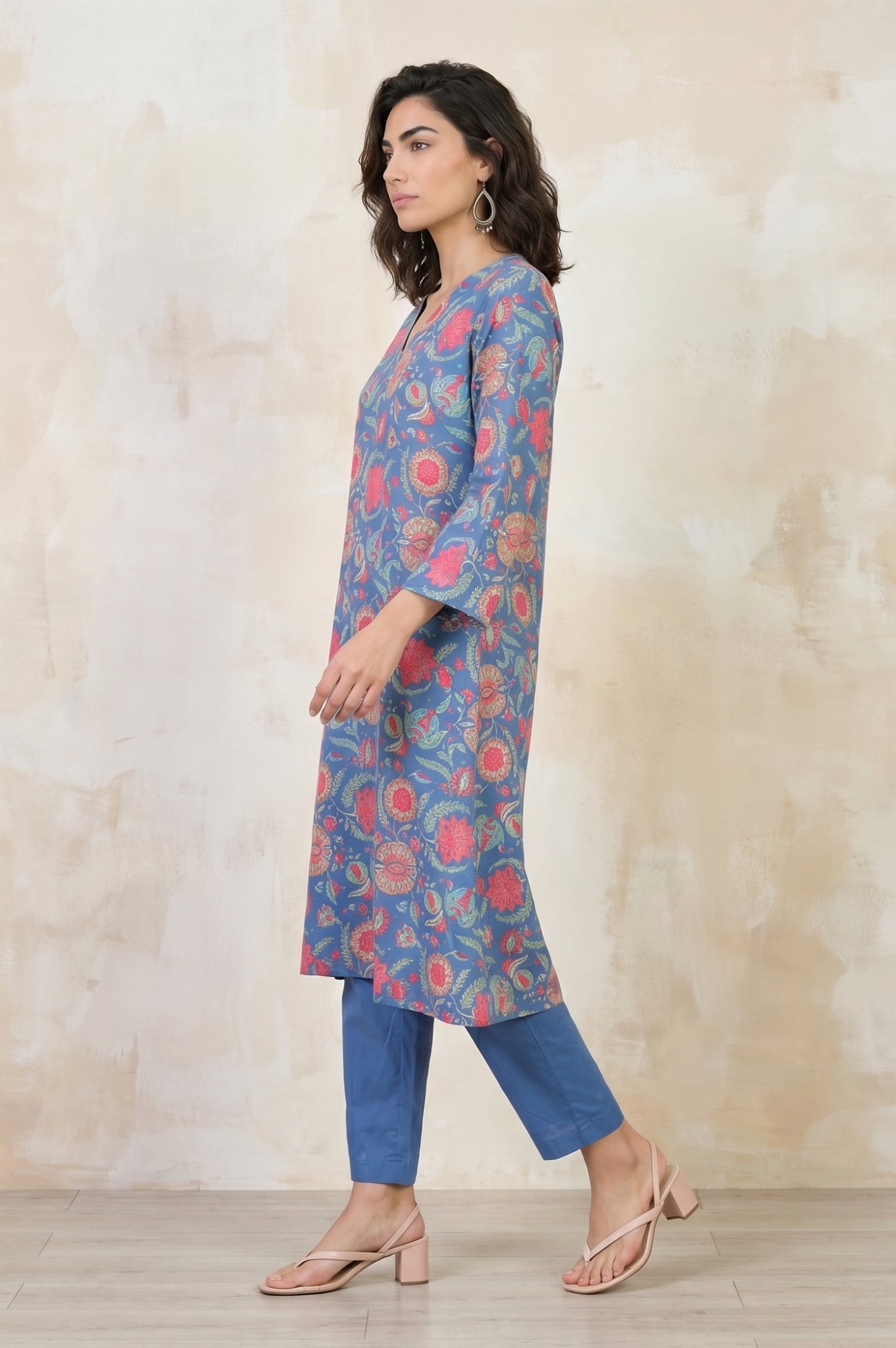 Blue Floral Printed Rayon Straight Kurta With Pants and Dupatta Set